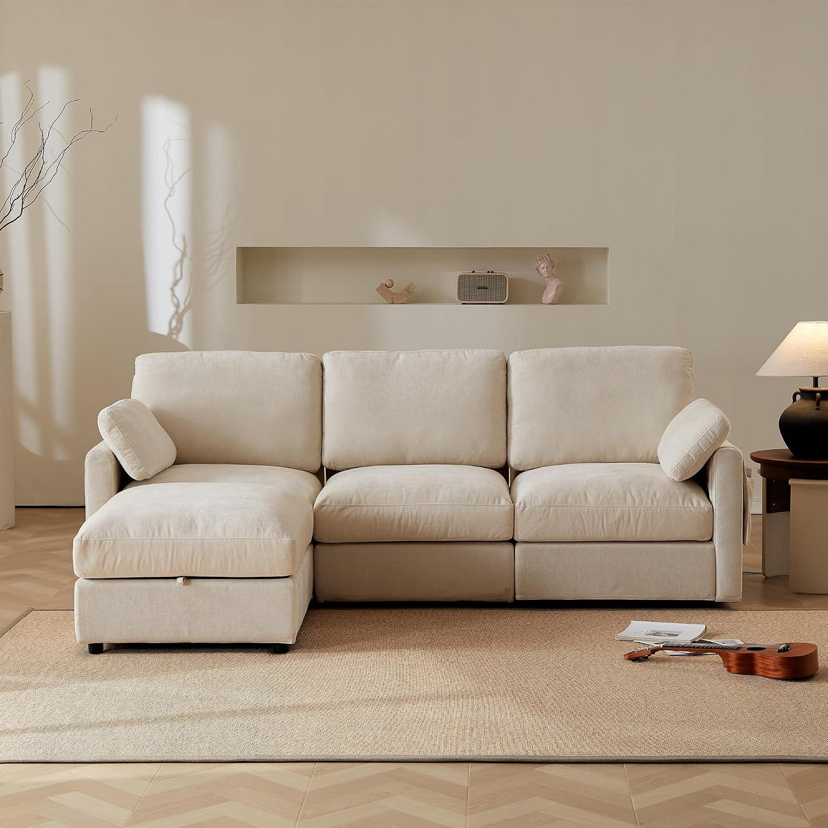 Modular Sectional Couch Chenille Fabric Upholstery Washable Sofa with Side Pocket No Tool Assembly Cloud Seating Comfort Couches for Livingroom Apartment - Beige 3 Seater with Ottoman 94"
