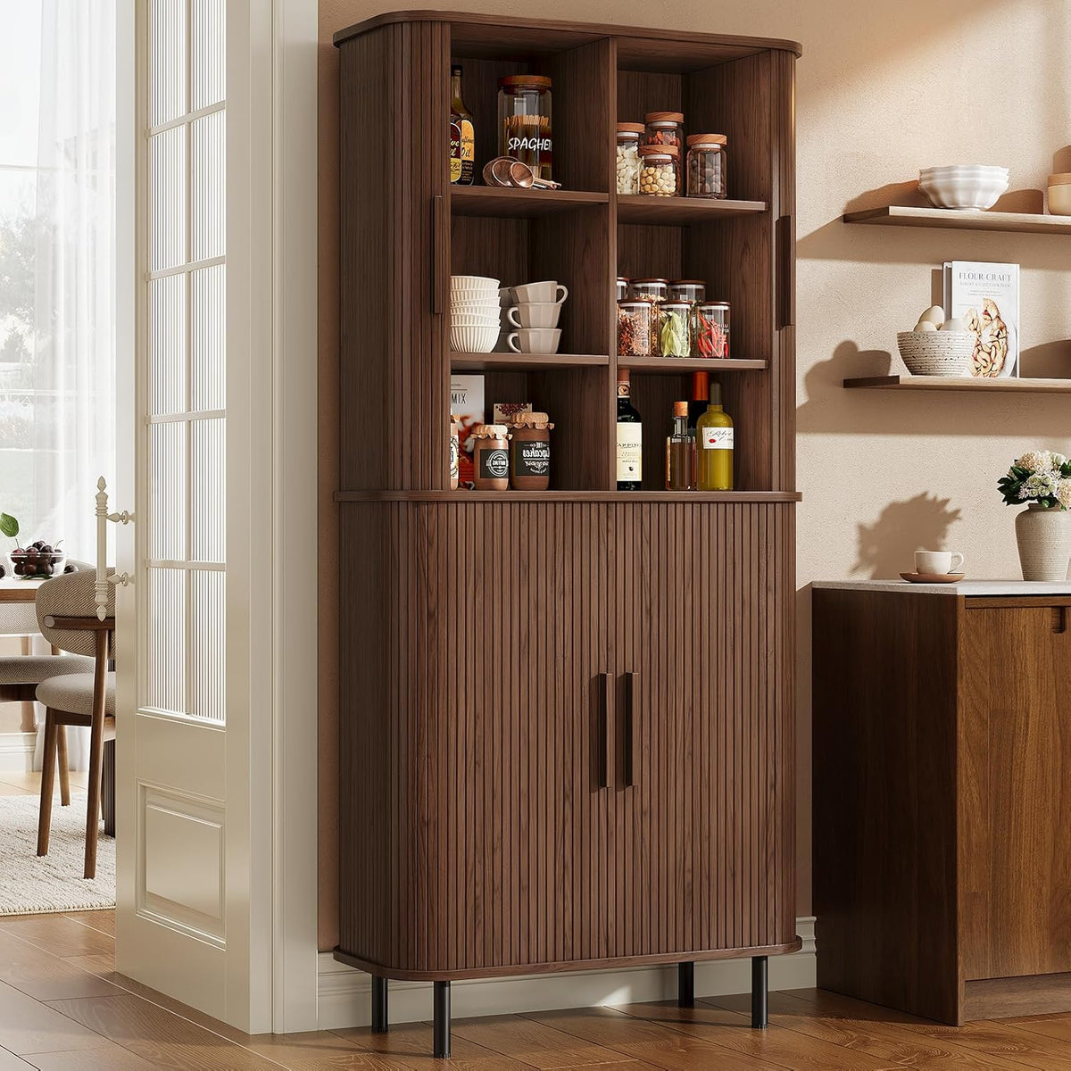 71" Tall Fluted Pantry Cabinet, Mid-Century Modern Kitchen Pantry Storage Cabinet with 2 Pegboards, 10 Hooks, Freestanding Cupboard with 4 Adjustable Shelves, Sliding Doors for Dining Room