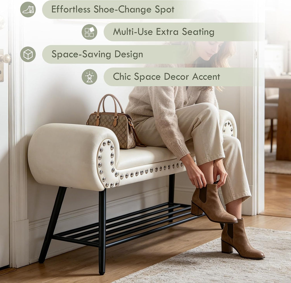 45" Entryway Bench with Shoe Storage，Modern Bedroom Velvet Fabric Upholstered with Stable Metal Frame and Solid Shelf for Bedroom, Living Room，Foyer, 330LB, Cream