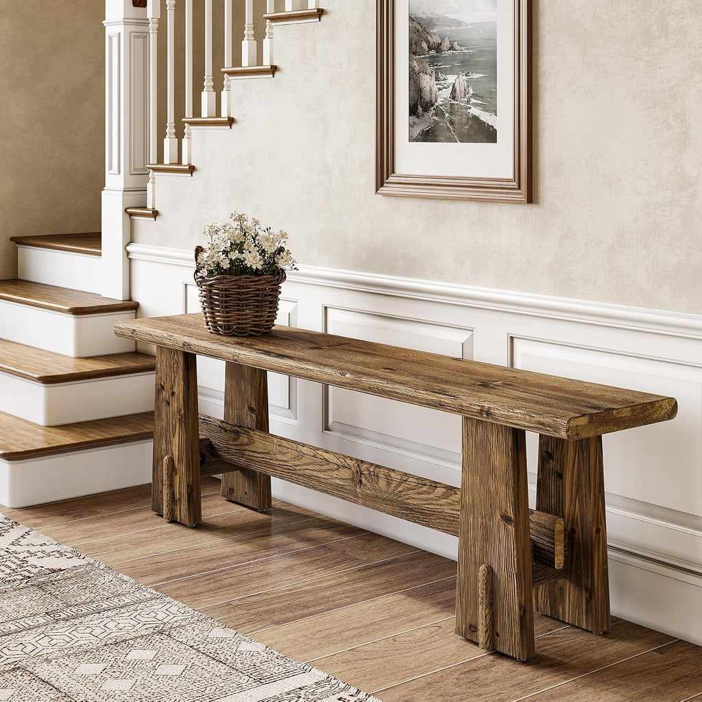 LITTLE TREE 59" Solid Wood Bench, Farmhouse Entryway Bench, Long Retro Bench for End of Bed, Dining Room, Entryway, Hallway, Living Room, Bedroom, Kitchen, Sturdy Frame Design, Rustic Brown