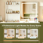 ERLEJIA Vanity Desk with Mirror and Lights, 43.31" Makeup Table Without Stool, Extra Foldable Desk with 3 Open Shelves 4 Drawers Dressing Table for Girls and Ladies Bedroom, White