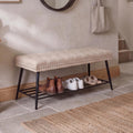 Mistpople Thick Cushioned Shoe Bench, Entryway Bench with Metal Shoe Rack, Upholstered Tufted Ottoman Bench for Bedroom, End of Bed Bench, Farmhouse Style Storage Bench for Hallway, Living Room