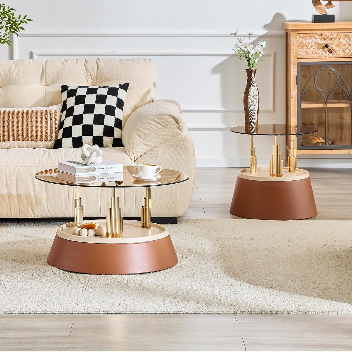 Round Glass Coffee Table Set of 2, Brown, 27.5 Inch | Amber tempered glass tops, brown metal pedestal bases, gold supports, two-tier design for living rooms and apartments