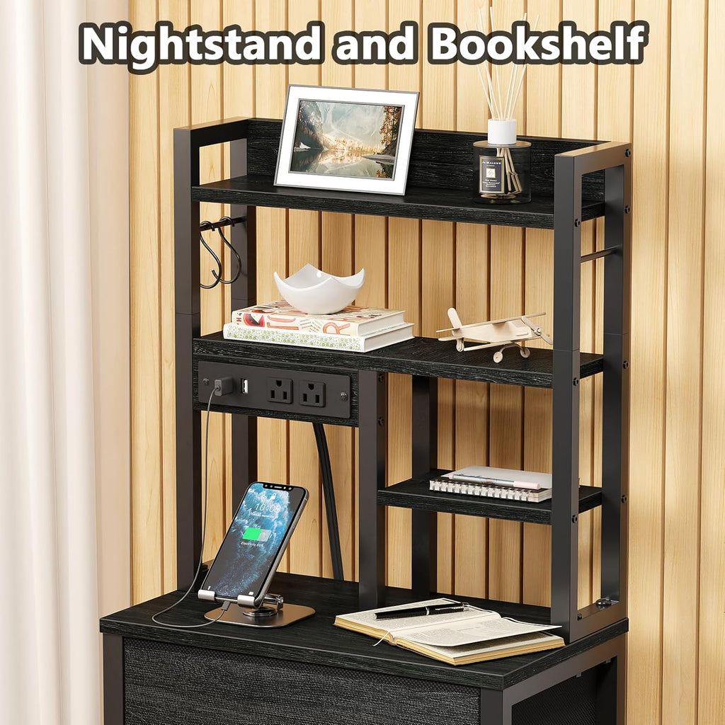 Furnulem Tall Nightstand, LED Night Stand with Charging Station | USB Ports, 4 Fabric Drawers and 4 Tier Storage Shelf, Nightstands Bedside Tables for Bedroom, Dorm, Office (Black Oak)