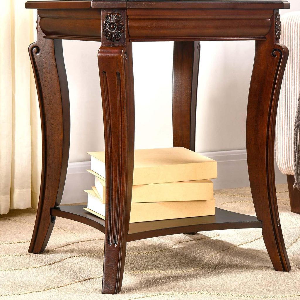 LEEMTORIG Solid Wood End Table for Living Room, 2-Tier Square Cherry Wood Nightstand, Mid Century Queen Anne Style Antique Side Table, 19.7" D x 19.7" W x 23.8" H, Cherry Walnut CJZ-A1168-WD