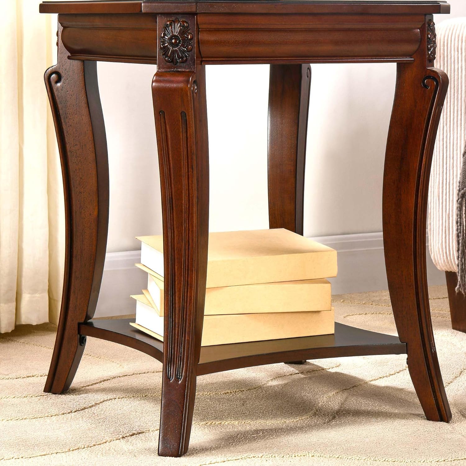 PADMA HOUSE Traditional Wood End Table with Storage Shelf, Square Solid Wood Sofa Side Table with Curved Legs, 2-Tier Wooden Bedside Tables in Cherry for Living Room,19.7 * 19.7 * 23.8in