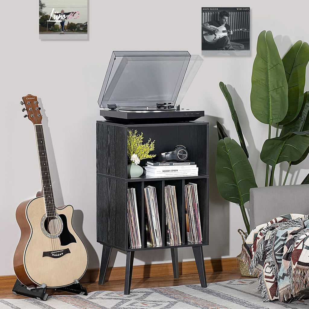 Lerliuo Record Player Stand, Black Turntable Stand Holds up to 160 Albums | Mid-Century Vinyl Storage Cabinet Table,Solid Wood Legs, Record Player Holder Dispaly Shelf for Bedroom Living Room