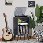 Lerliuo Record Player Stand, Black Turntable Stand Holds up to 160 Albums | Mid-Century Vinyl Storage Cabinet Table,Solid Wood Legs, Record Player Holder Dispaly Shelf for Bedroom Living Room