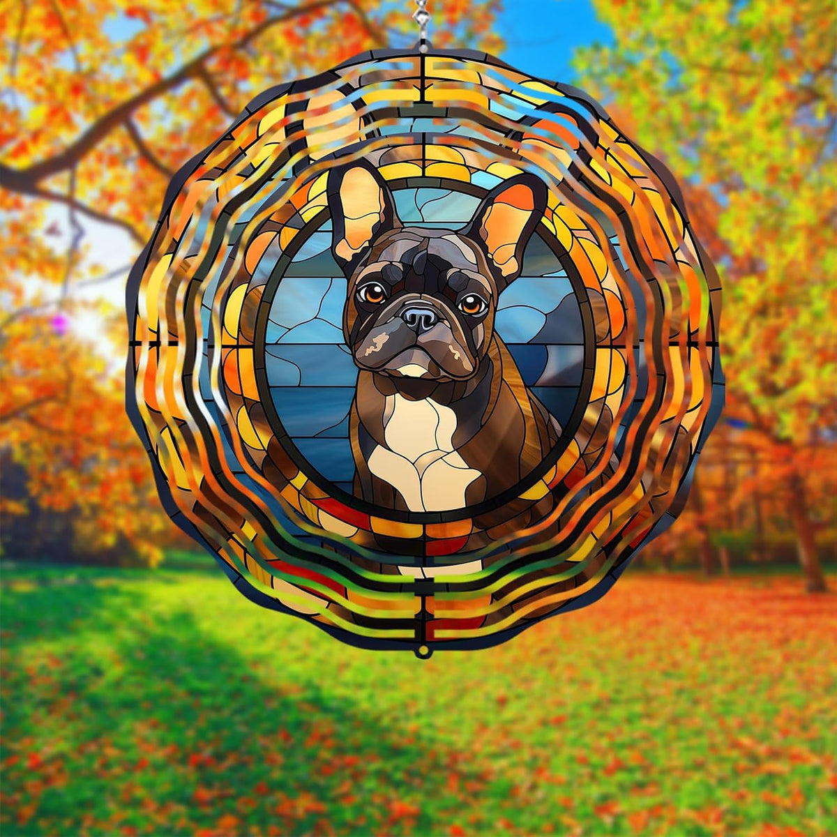 French Bulldog Wind Spinner Pet Dog Memorial Gifts 3D Aluminum Metal Kinetic Hanging Wind Sculpture Spinners for Yard and Garden Indoor Outdoor Window Garden Decoration 8 Inch (French Bulldog 2)