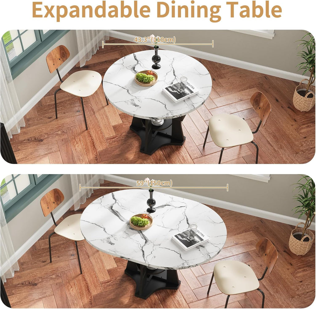 Extendable Dining Table 43"-59" for 4-6, White Faux Marble Round Kitchen Dining Room Table with 2 Tier Storage Shelves, Expandable Round to Oval Dinner Table with Storage for Kitchen Living Room