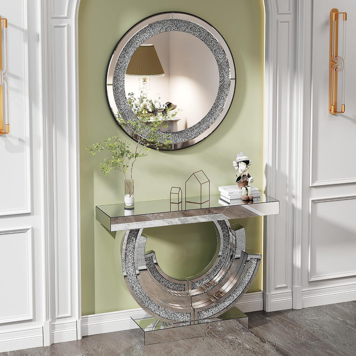 Silver Mirrored Console Table, 43" Modern Entryway Table with Crushed Diamond lnlay, 3C-Shaped Shiny Mirrored Sofa Table Behind Couch Foyer Hallway Tables for Living Room Entrance