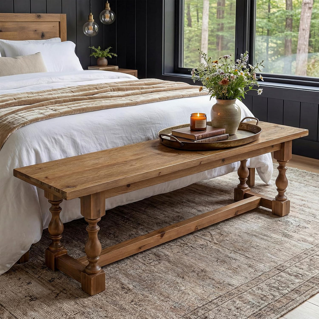 Rustic Solid Wood Entryway Bench, 59.1" Long Farmhouse Dining Seat with Turned Legs, End of Bed Bench for Entryway, Dining Room, Bedroom, Holds Up to 300 lb, Easy Assembly, Natural Brown
