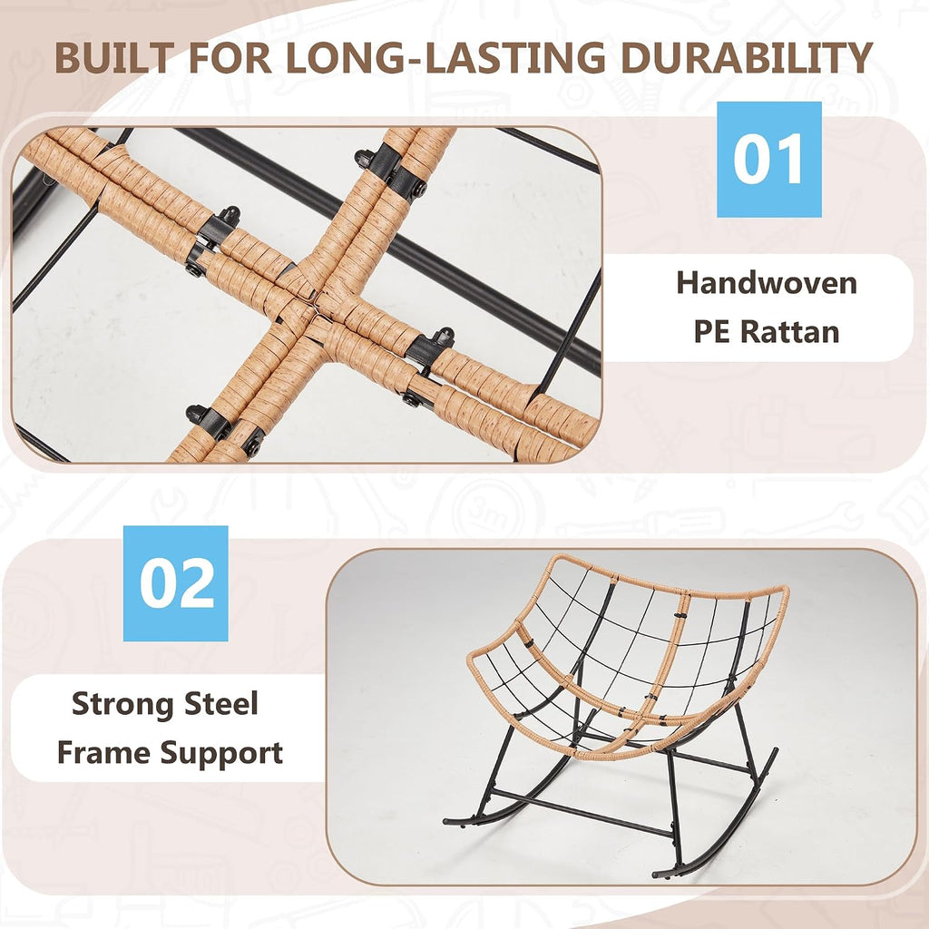 Outdoor Rocking Chair with Thick Cushion, Comfy Rattan Rocker Egg Chair Indoor with Straps, Patio Rocking Chair 450lbs for Garden, Balcony, Lawn, Backyard, Living Room, Bedroom