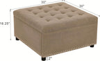 Oversized Square Ottoman with Storage for Living Room, Upholstered Fabric Tufted Footstool with Storage, Mid Century Modern Ottoman Foot Rest for Chair, Camel