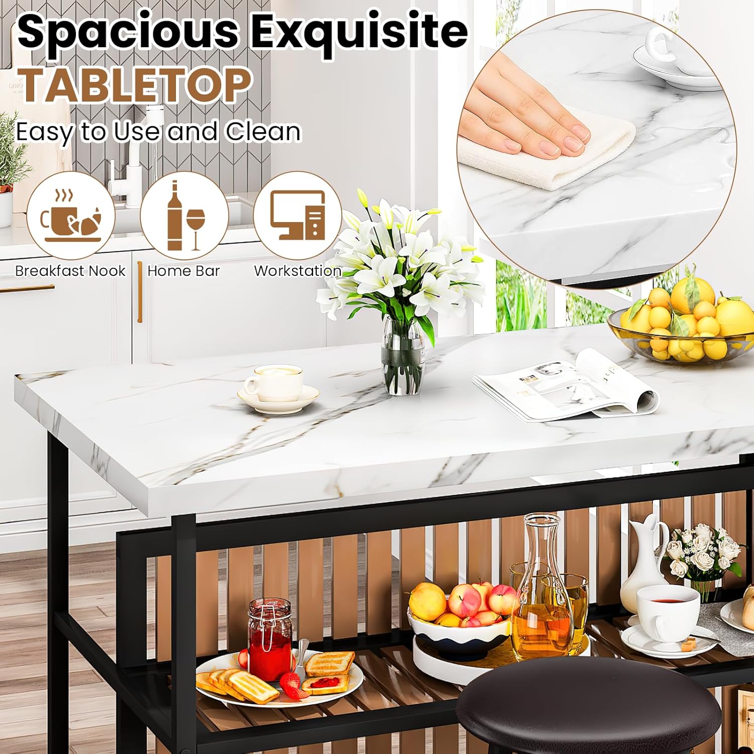 DKLGG Kitchen Island with Stools & Storage, Modern Dining Table Set for 2, 3 Piece Kitchen & Dining Room Sets Island Table for Small Space, Apartment, Home Bar, White