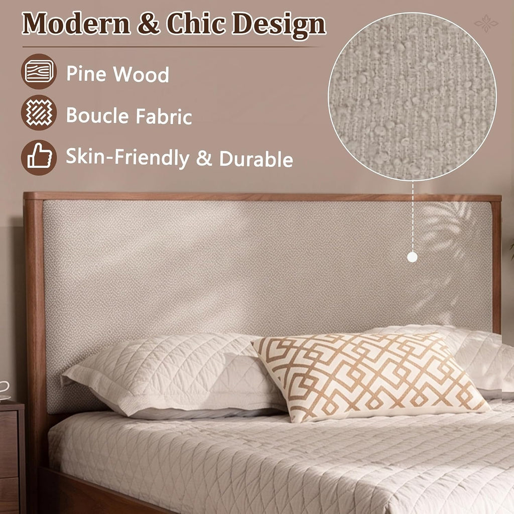 SOFTSEA Solid Wood Queen Bed Frame with Upholstered Headboard, Mid Century Modern Platform Bed Queen Size with Tapered Legs, Walnut