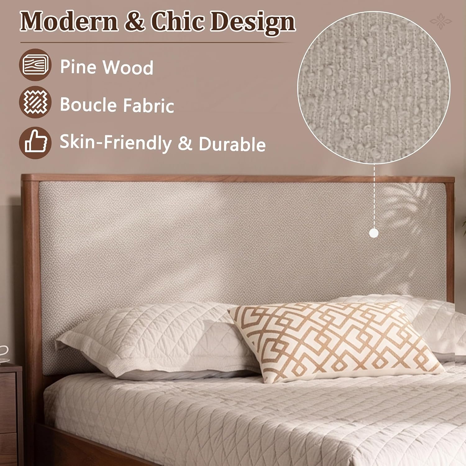 SOFTSEA Solid Wood Queen Bed Frame with Upholstered Headboard, Mid Century Modern Platform Bed Queen Size with Tapered Legs, Walnut