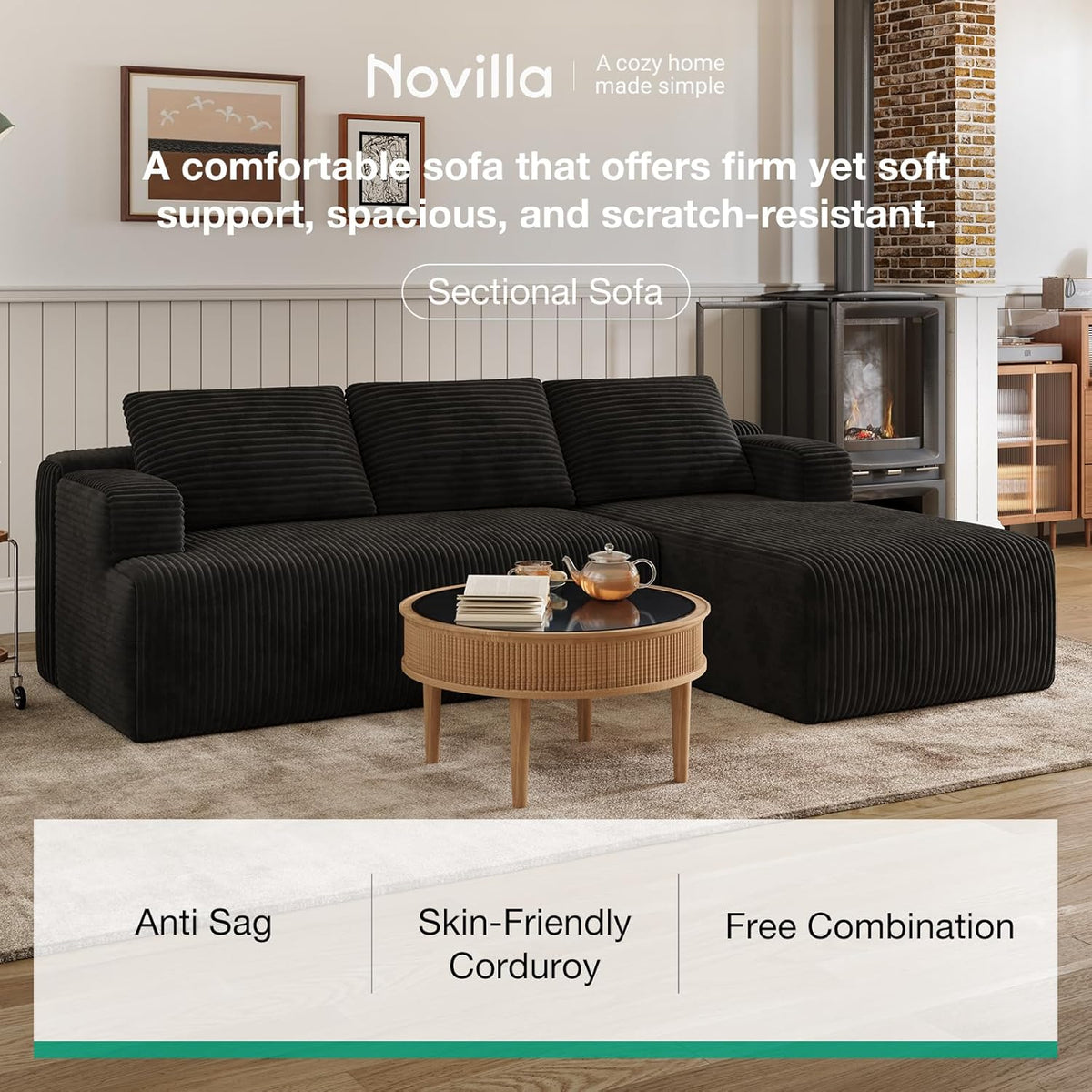 Novilla L-Shape Sectional Couches for Living Room with Smarts Coil® Support, 3 Seater Sectional Sofas for Living Room Bedroom, Corduroy Cloud Couch Sectional, No Assembly(Black, Right Hand Facing)