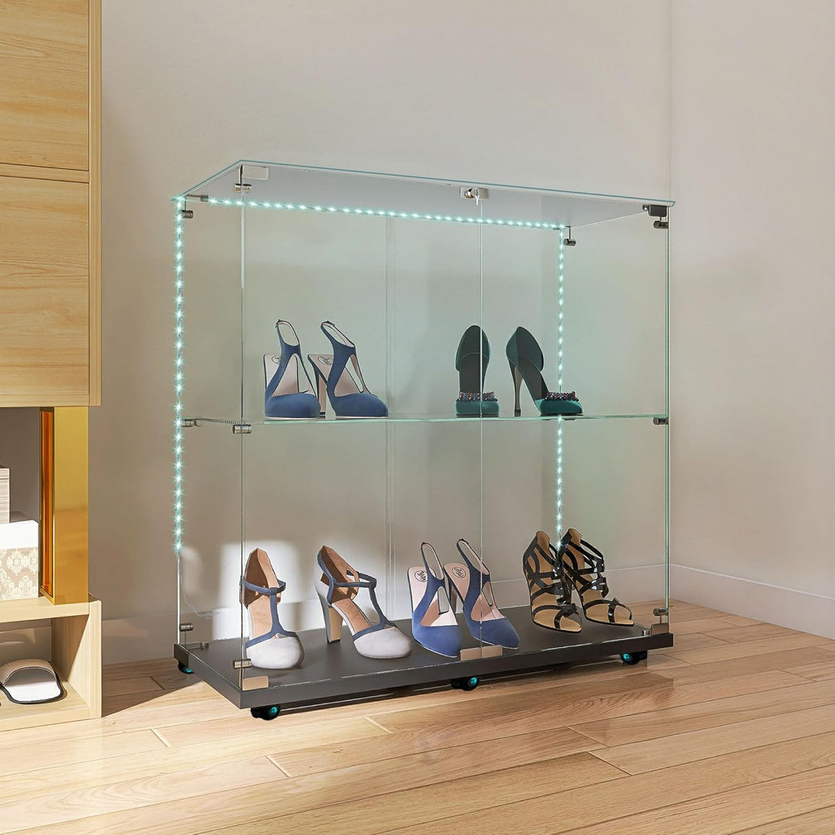 2-Tier Glass Display Cabinet with Bluetooth LED Light Strip, 2-Door Floor Standing Curio Cabinet with Universal Wheel for Home, Black Glass Bookshelf for Collections, Clear Top