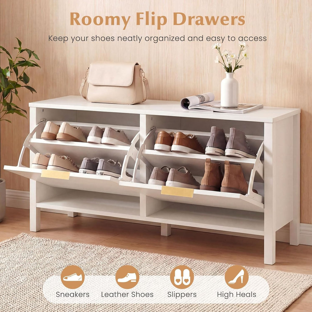 Giantex Shoe Storage Bench with 2 Flip Drawers, Wooden Entryway Bench with Storage, Fluted Doors, Adjustable Shelves, Hidden Shoe Cabinet for Entry Way, Hallway, Foyer, Living Room (White+Gold)