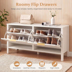 Giantex Shoe Storage Bench with 2 Flip Drawers, Wooden Entryway Bench with Storage, Fluted Doors, Adjustable Shelves, Hidden Shoe Cabinet for Entry Way, Hallway, Foyer, Living Room (White+Gold)