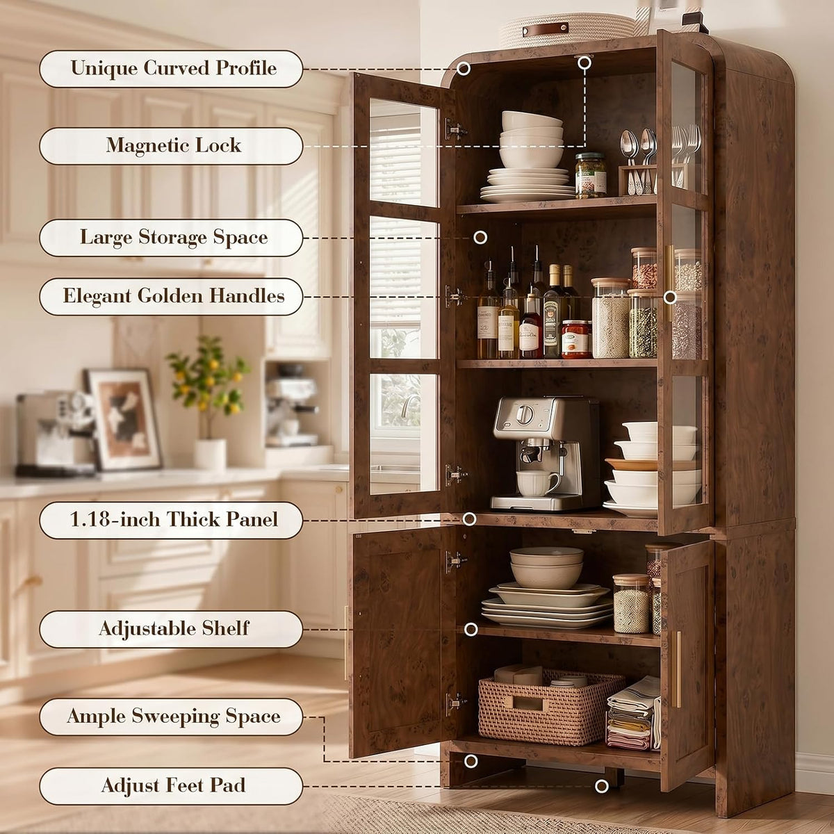 77" Tall Kitchen Pantry Cabinet,Thickened Panel,Dark Burl,1Pcs | Wooden Curved Storage Cabinets with Adjustable Shelf, Cupboard with Glass Door for Dining Room, Living Room, Bathroom