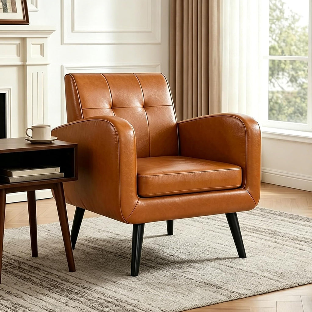 LSSPAID Accent Chair, Modern PU Leather Living Room Chairs, Comfy Upholstered Armchairs Single Sofa Chair with Solid Wood Legs for Apartment, Office, Brown