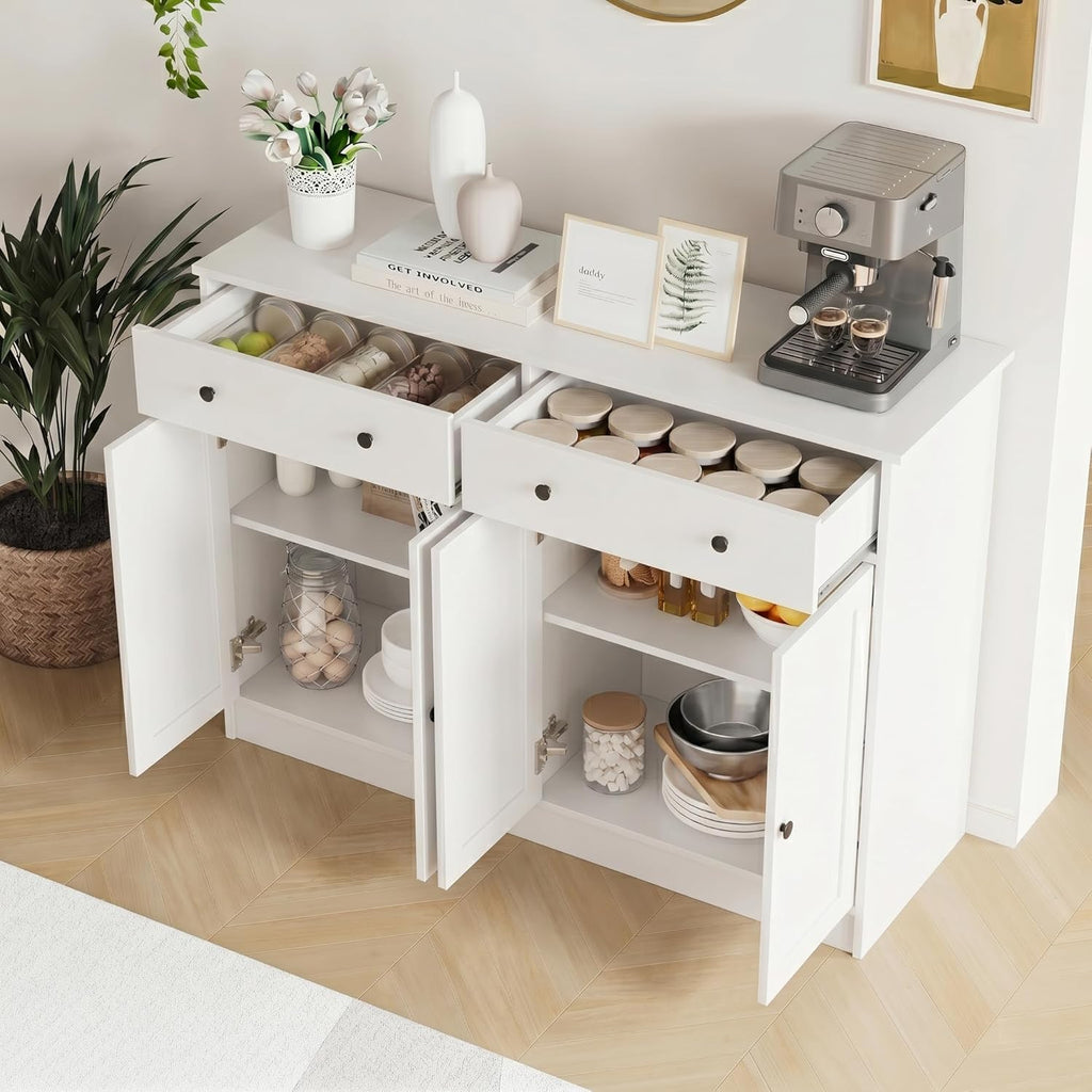 holzart 49" White Buffet Cabinet with Doors & Drawers, Modern Kitchen Storage Sideboard, Coffee Bar Console Table for Dining Room, Living Room, Entryway