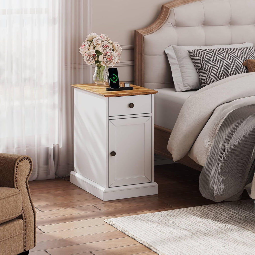 WLIVE End Table with Charging Station, Narrow Sied Table with Drawer & Cabinet, Side Table with Adjustable Shelf for Living Room/Bedroom, Farmhouse Nightstand with Hidden USB Ports and Outlets, White