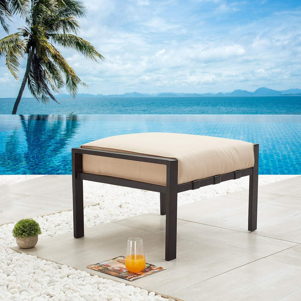 Patio Ottoman Metal Footstool with Soft Thick Cushion Small Seat Outdoor Furniture for Garden Yard Deck, Beige