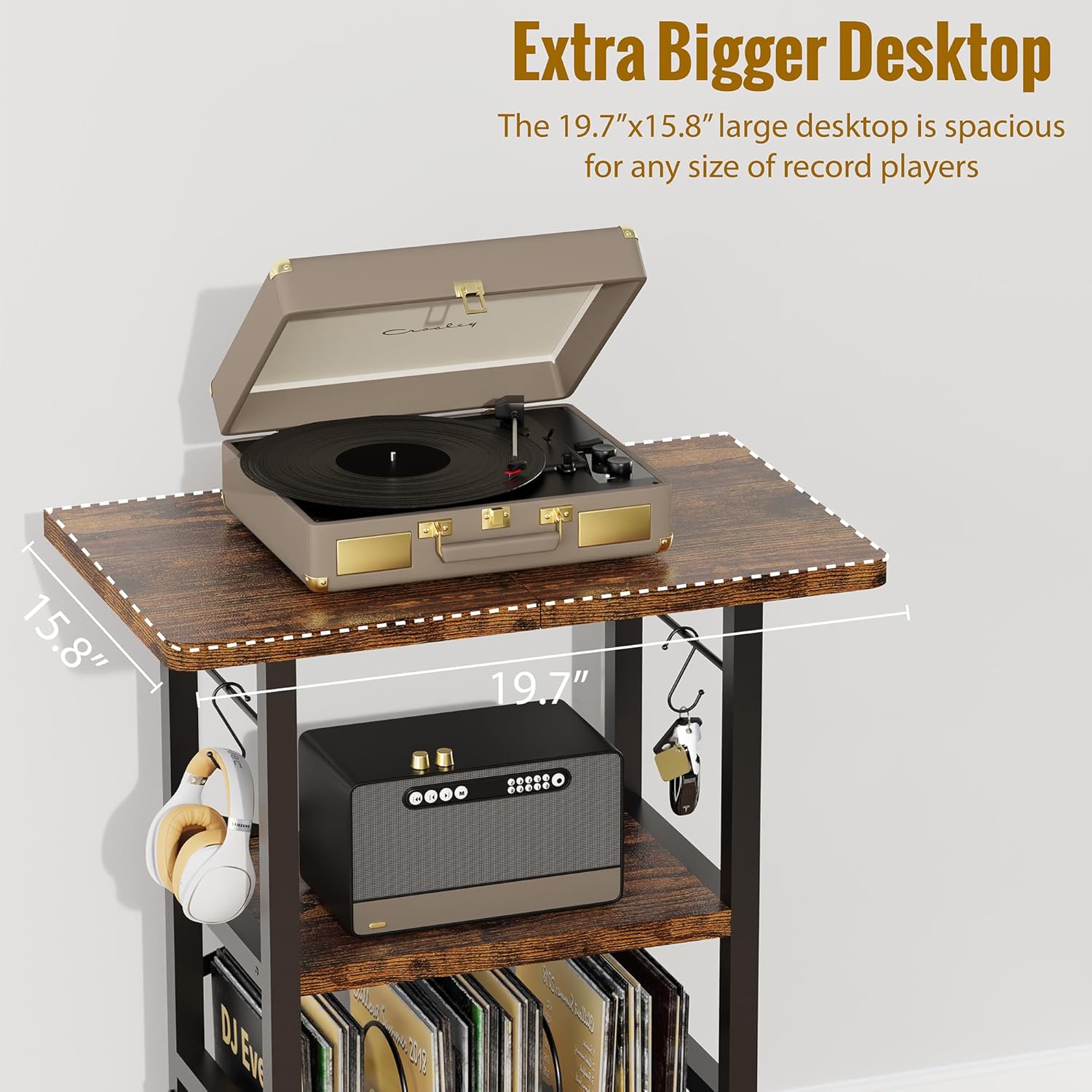 YAKANJ Record Player Stand with Extended Desktop,Large Record Player Table with Vinyl Storage,Tall Turntable Stand with Record Holder Vinyls Display Shelf for Music Room Studio, Rustic Brown
