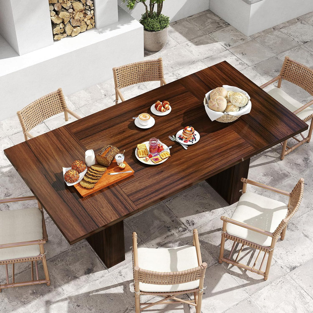 Miereirl 78 Inch Rectangular Dining Table for 6-8 People, Large Modern Farmhouse Kitchen Table with Grooved Wood-Strip Base, Perfect for Dining Room or Family Gathering, Walnut