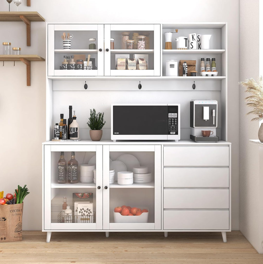 63" W Large Kitchen Hutch Cabinet, Freestanding Pantry Cupboard with 4 Doors, 4 Drawers & Microwave Shelf,for Kitchen Dining Room Bedroom (White#L)