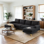 VINGLI 110" Modern Sectional Couch with 51" D Double Chaise, Black Deep Seat U Shaped Couch with Removable Pillows & Metal Legs, Comfy 4-Seat Sofas for Living Room, Linen Fabric