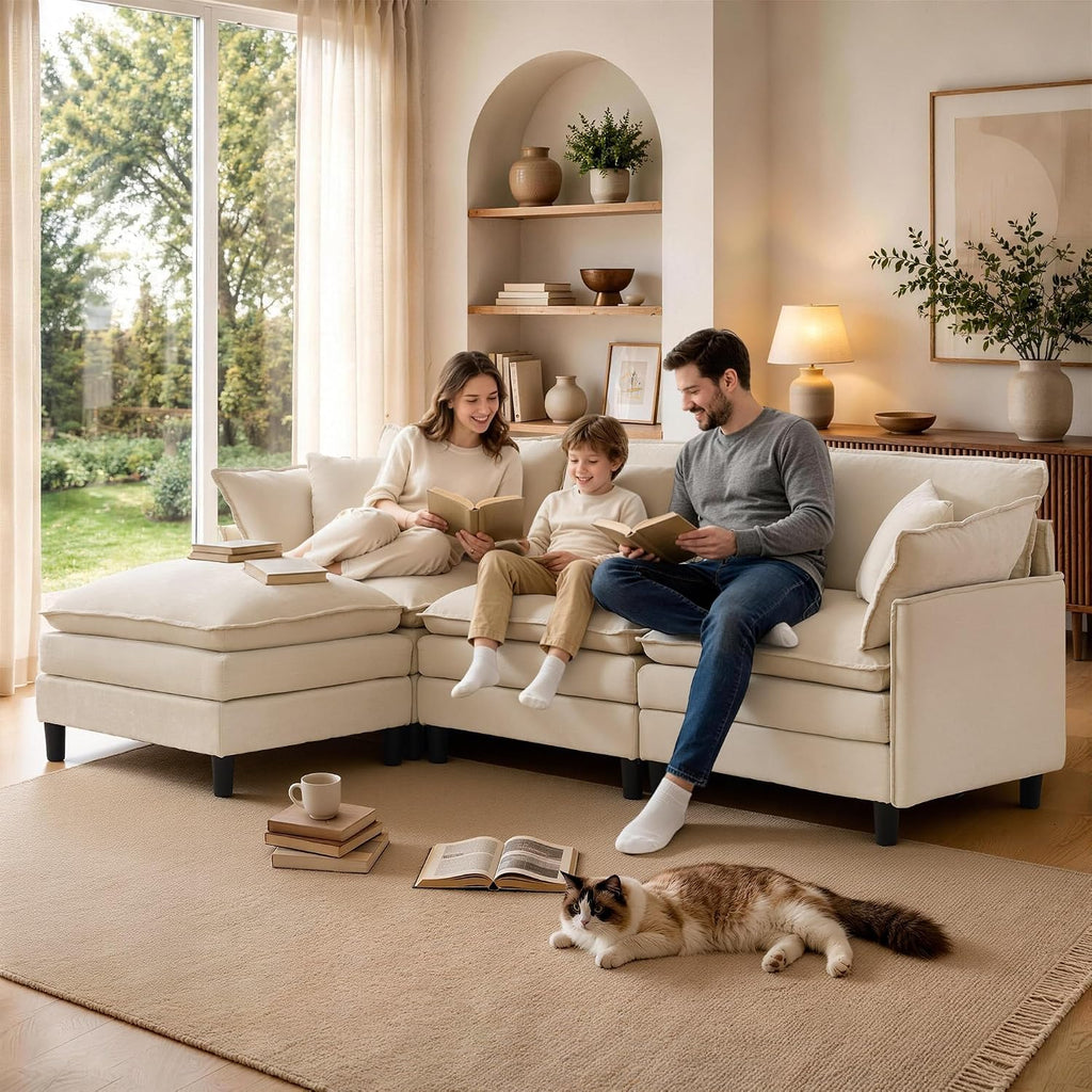 Korser 105" L-Shaped Modular Sectional Sofa, 3-Seater Cloud Couch with 1 Movable Ottoman, Modern Chenille Sofa Set with Removable Washable Pillows for Living Room, Bedroom, Apartment