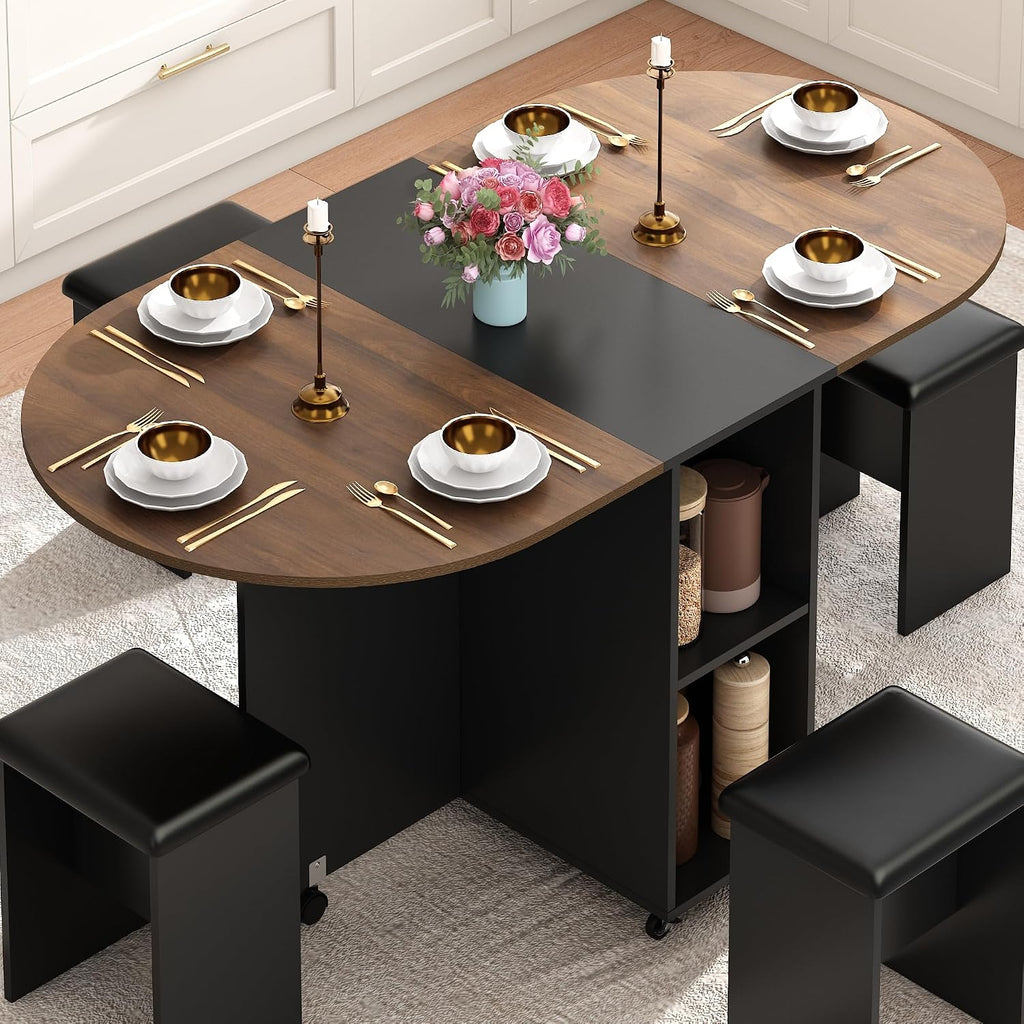 5 PCS Farmhouse Dining Table Set for 4,60" Large Round Folding Dining Table Set w/ 4 Leather Chairs, Drop Leaf Oval Modern Kitchen Table for Small Spaces,6 Wheels,2-Layer Storage Shelf,Walnut