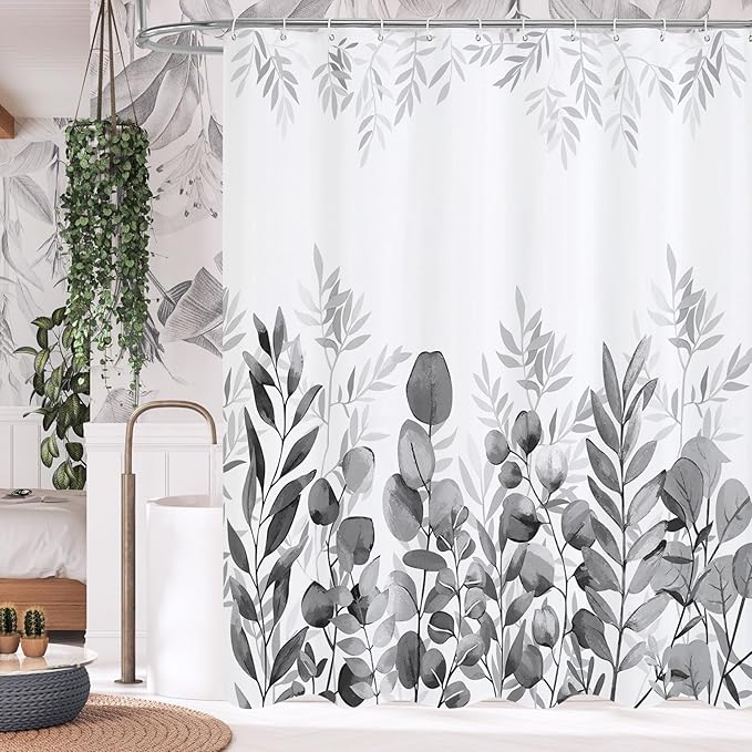 MitoVilla Black Eucalyptus Shower Curtain, Plant Leaves Fabric Cloth Shower Curtains for Rustic Vintage Bathroom Decor, Modern Chic Botanical Shower Curtain, 72x72