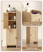 Akxomel Rattan Small Bathroom Cabinet Narrow Toilet Paper Organizer Oak | 7.9''D x 7.9''W Bathroom Organizer and Storage Cabinet for Small Space, Slim Corner Unit with Adjustable Shelf