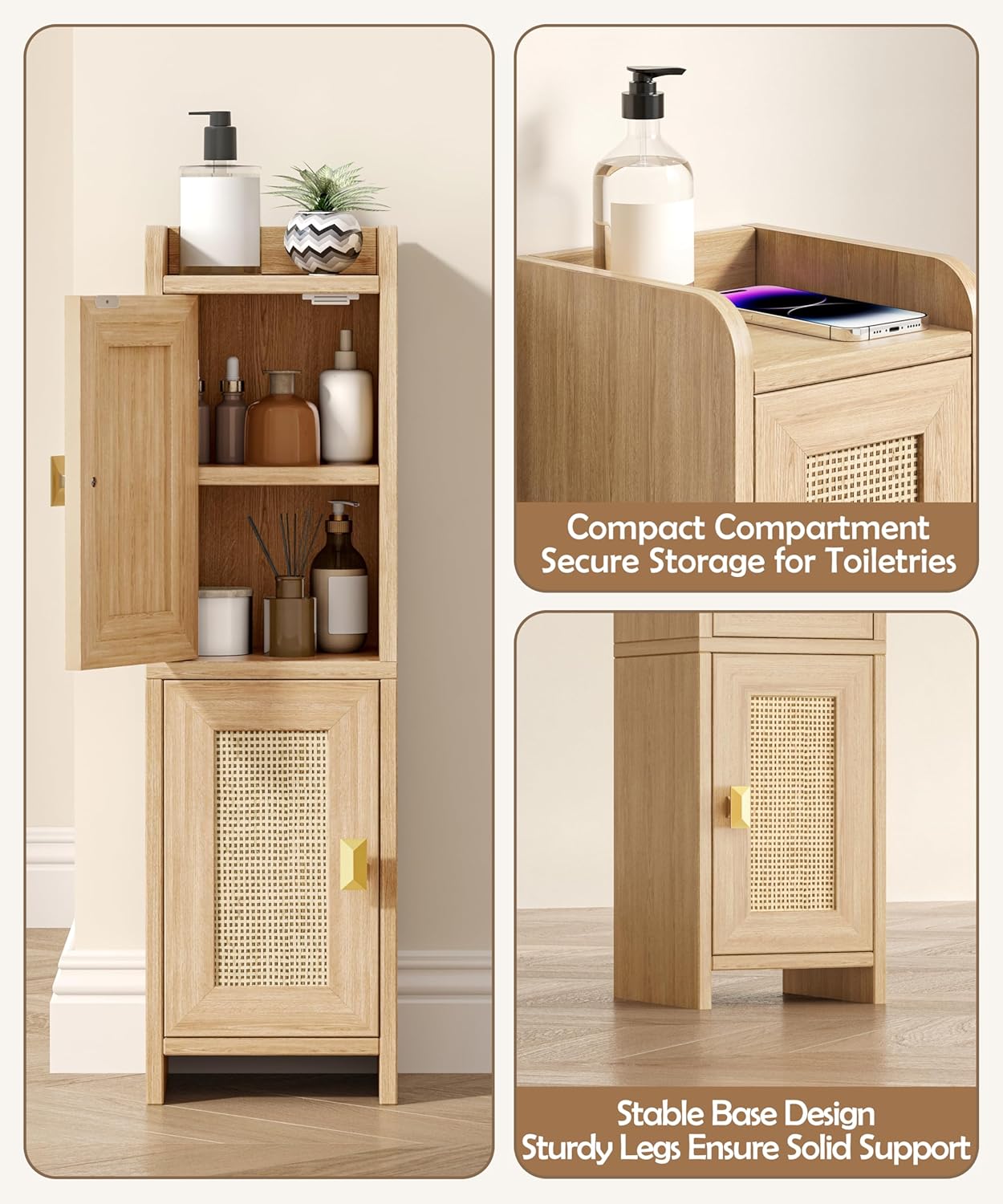 Akxomel Rattan Small Bathroom Cabinet Narrow Toilet Paper Organizer Oak | 7.9''D x 7.9''W Bathroom Organizer and Storage Cabinet for Small Space, Slim Corner Unit with Adjustable Shelf