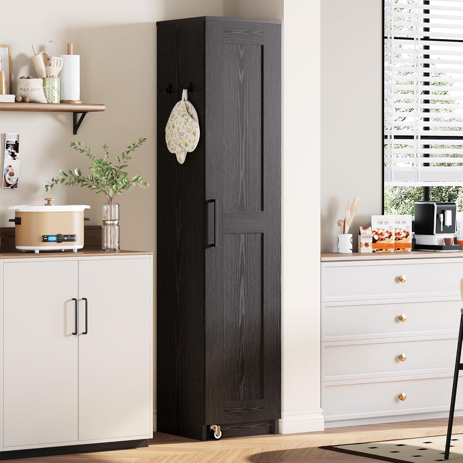 IRONCK Narrow Kitchen Pantry Storage Cabinet, 72" Slim Single Door with 6 Adjustable Shelves, Door Rack and Wheels, Space Saving Freestanding Storage Floor Cabinet for Small Place, Black