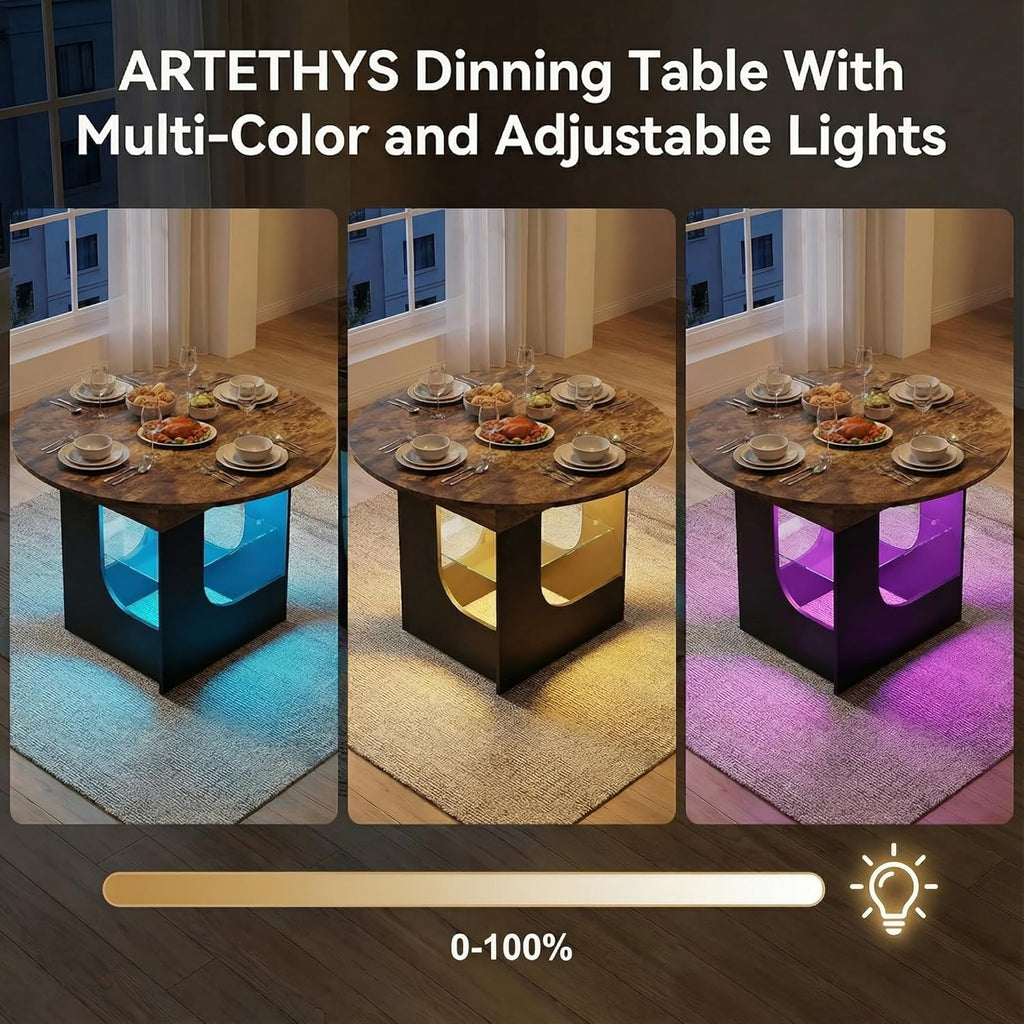 ARTETHYS 43.3"-59" Extendable Round Dining Room Table for 4-8 with Lights Oval Modern Table with Hidden Leaf and Glass Storage Shelf for Kitchen Living Room, Rustic