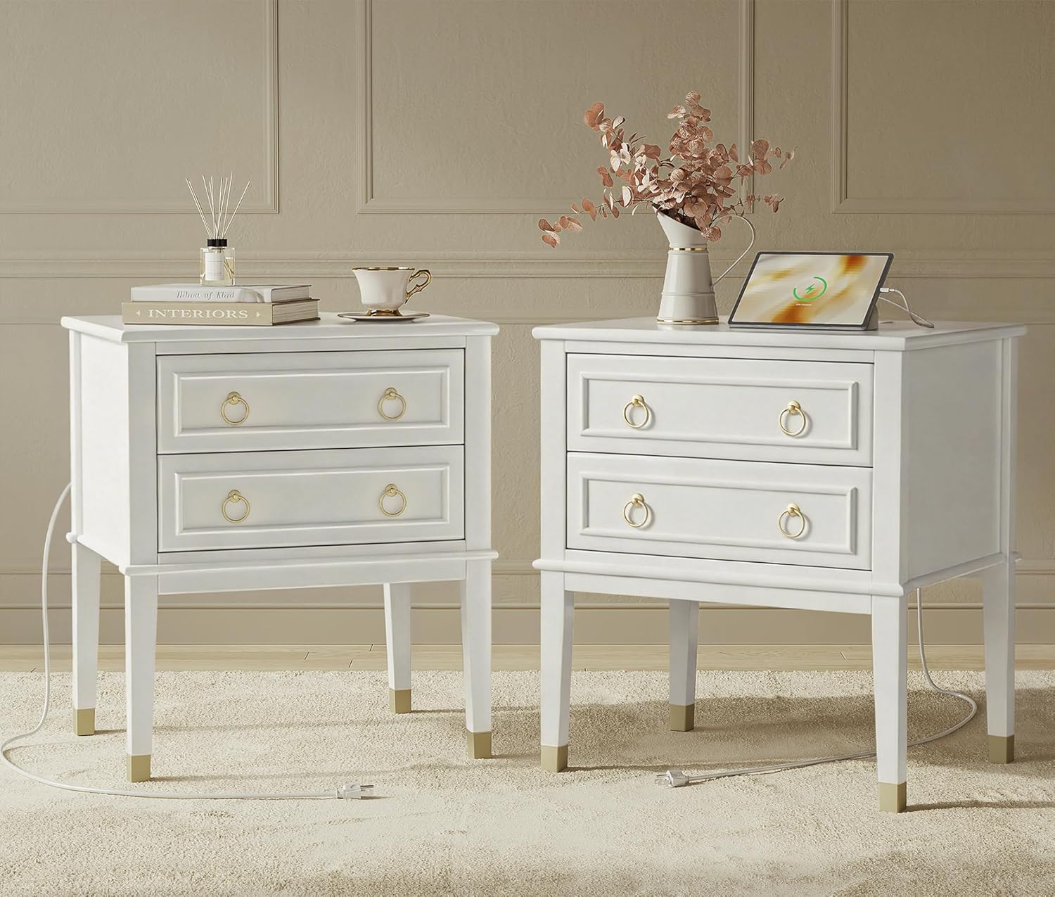 Huuger 27.6 Inch Tall Nightstand with Charging Station, USB-C Port, Larger Night Stand Set of 2, Bedside Table with 2 Drawers, 11.4 Inch Raised Legs, Side Tables End Tables, for Bedroom, White