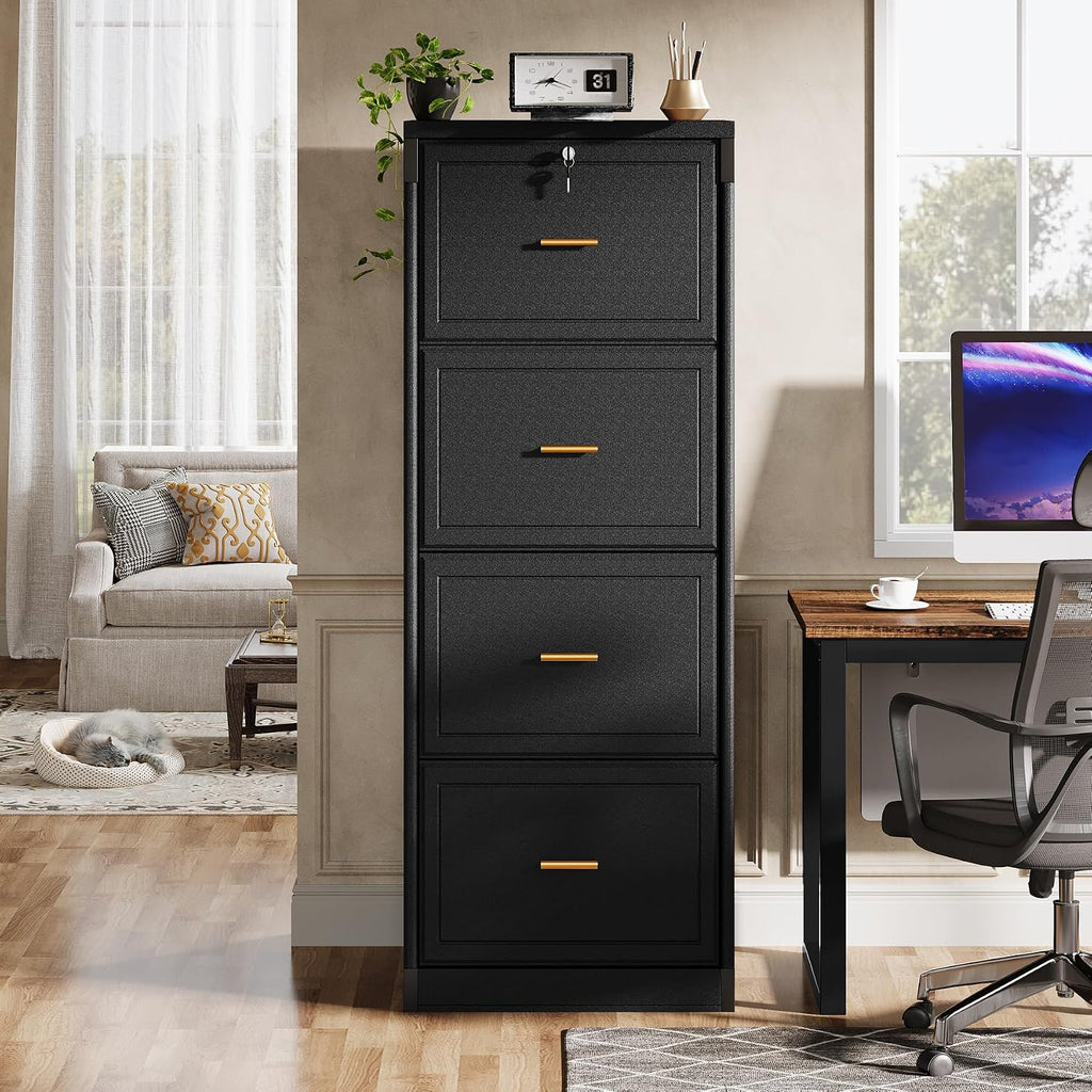 Tribesigns 4 Drawer File Cabinet with Lock, Filing Cabinets for Home Office | Vertical Wooden File Cabinet with Key, Modern Style, Tall Office Storage Cabinet for Legal Size/Letter/A4/Files, Black