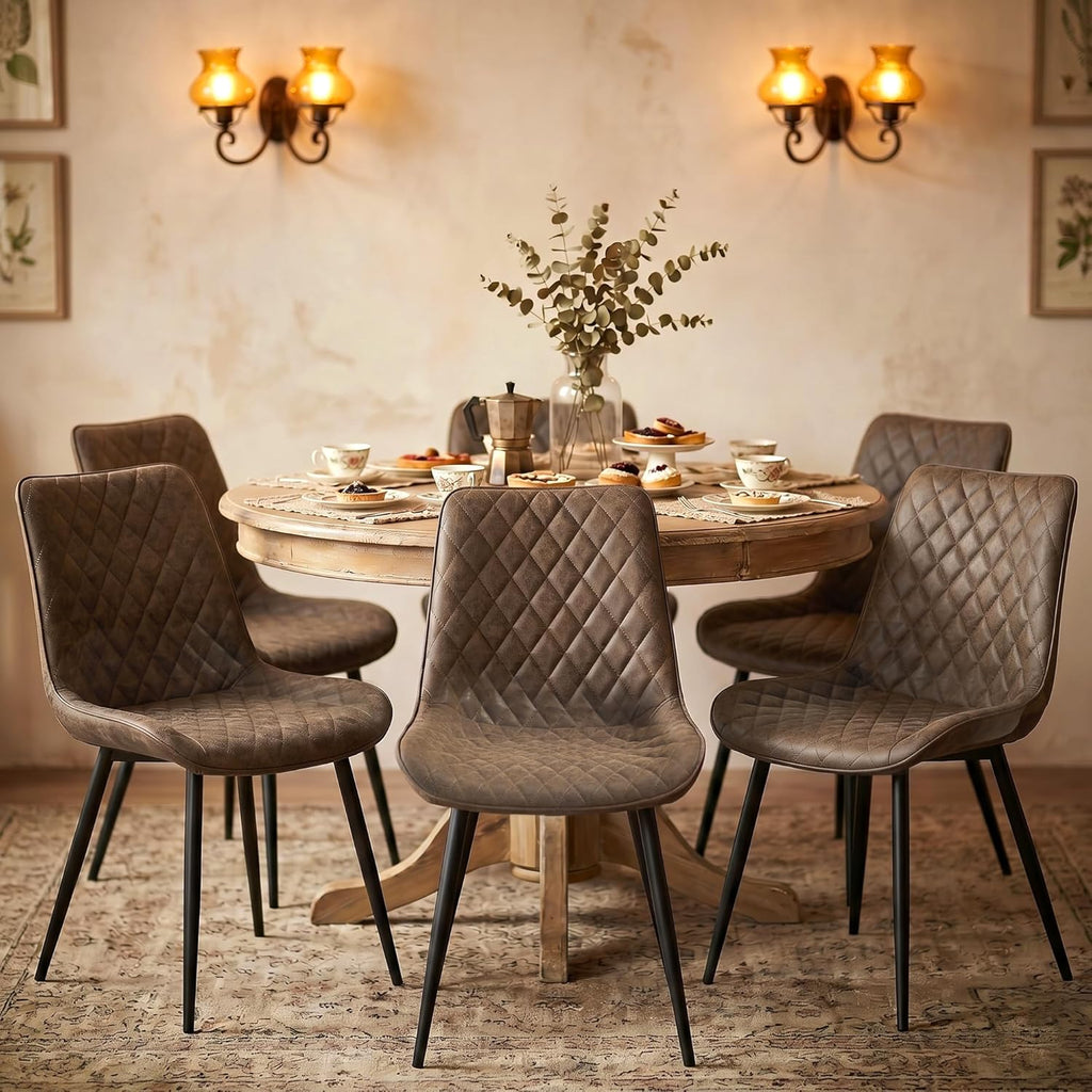 Modern Dining Chairs Set of 2, Upholstered Suede Dining Chairs with Curved Back & Thick Cushion Seat, Mid Century Armless Kitchen & Dining Room Chairs with Black Metal Legs, Brown