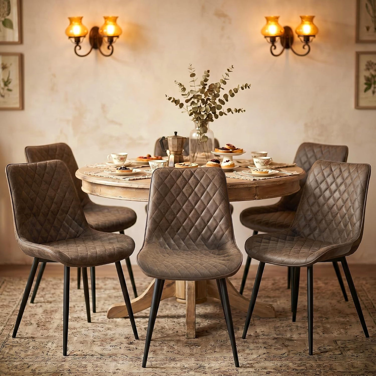 Modern Dining Chairs Set of 2, Upholstered Suede Dining Chairs with Curved Back & Thick Cushion Seat, Mid Century Armless Kitchen & Dining Room Chairs with Black Metal Legs, Brown