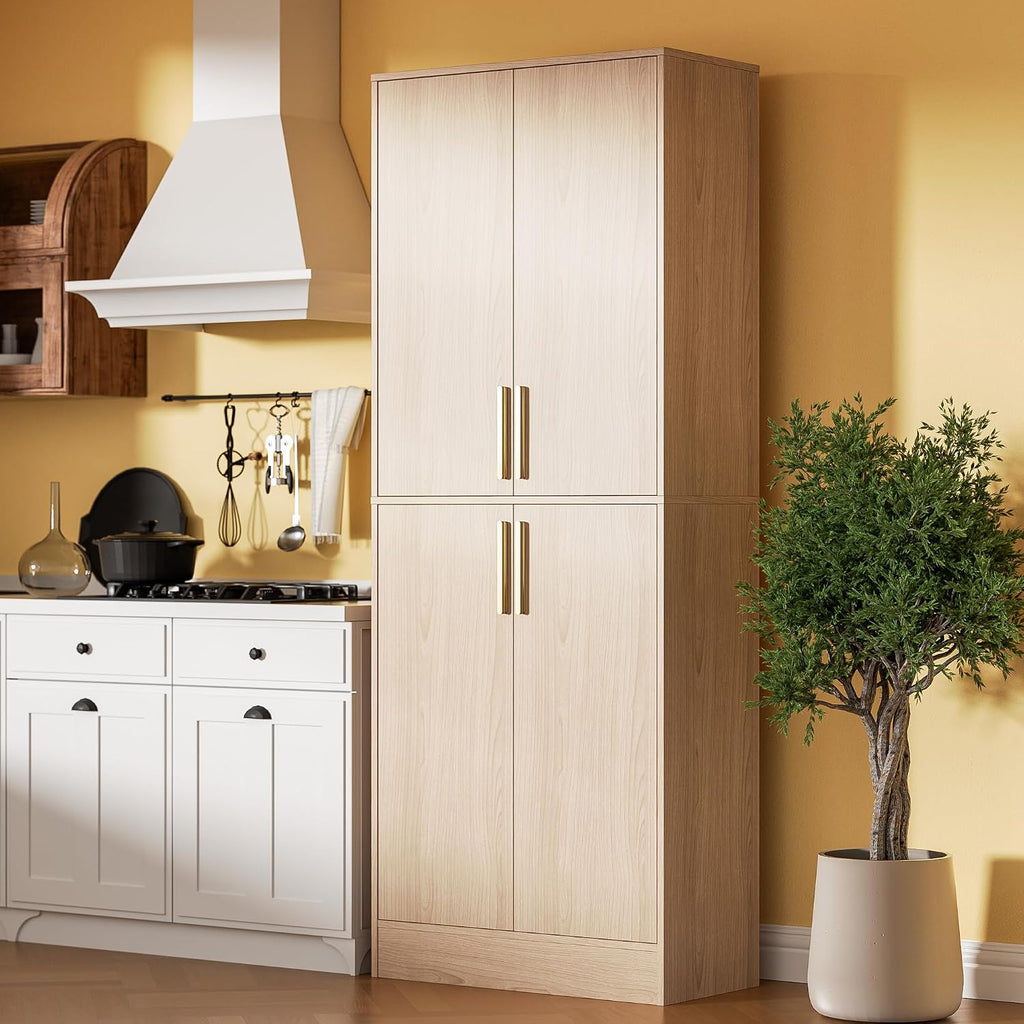 Housoul 71" Tall Pantry Cabinet with 4 Doors, Kitchen Pantry Storage Cabinet, Freestanding Larder Cupboard, Utility Kitchen Hutch with Gold Handles for Dining Room, Bathroom, Oak