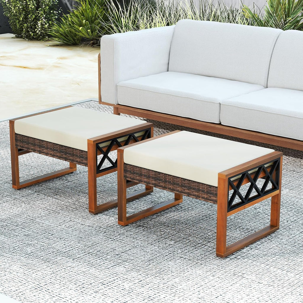 RELAX4LIFE Wicker Outdoor Ottomans for Patio - Set of 2 Rattan Outside Footstool w/Removable Cushion, Wood & Metal Frame, 3-in-1 Foot Rest, Extra Seating & Side Tables for Porch Backyard Poolside