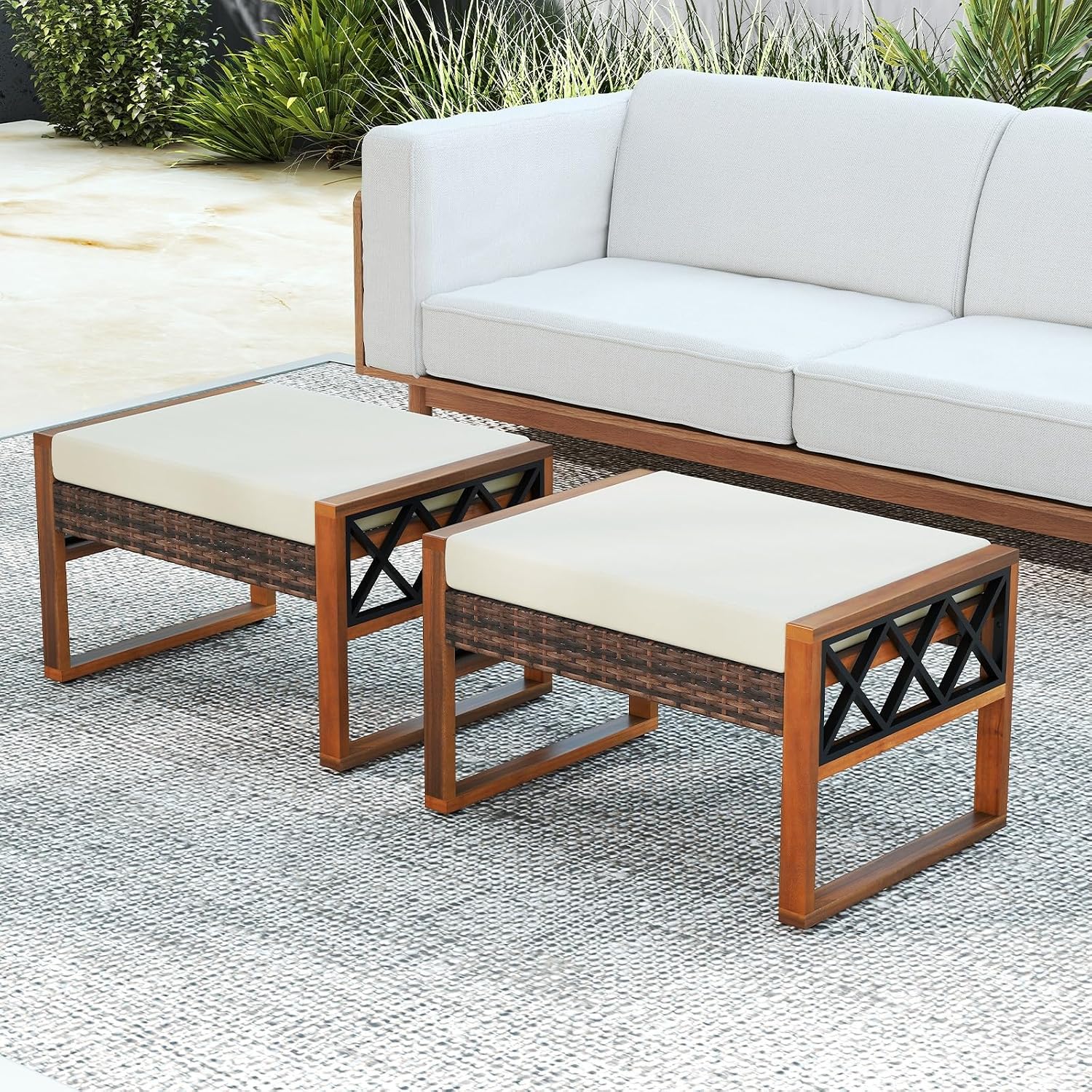RELAX4LIFE Wicker Outdoor Ottomans for Patio - Set of 2 Rattan Outside Footstool w/Removable Cushion, Wood & Metal Frame, 3-in-1 Foot Rest, Extra Seating & Side Tables for Porch Backyard Poolside