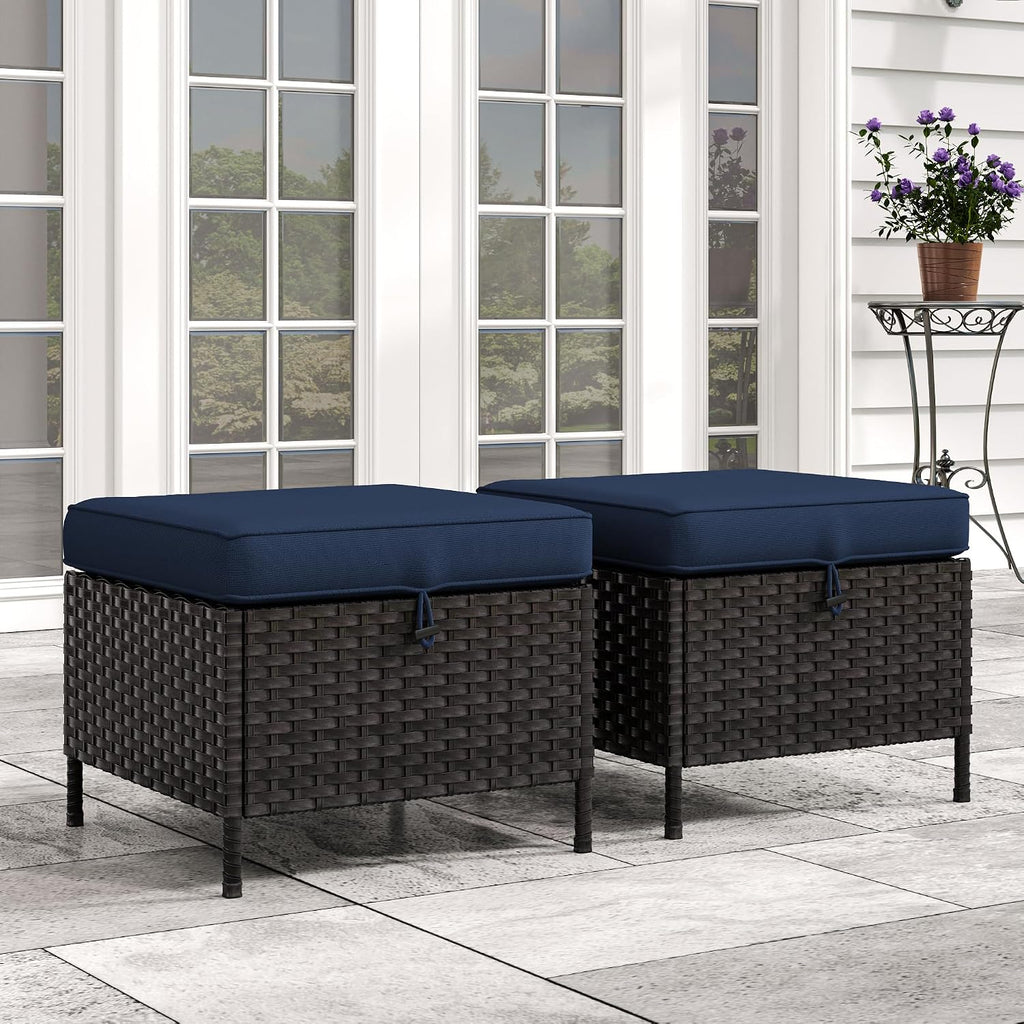 Patio Wicker Ottomans with Removable and Washable Covers, PE Rattan Outdoor Footstools for Porch, Sunroom (Blue)