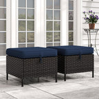 Patio Wicker Ottomans with Removable and Washable Covers, PE Rattan Outdoor Footstools for Porch, Sunroom (Blue)